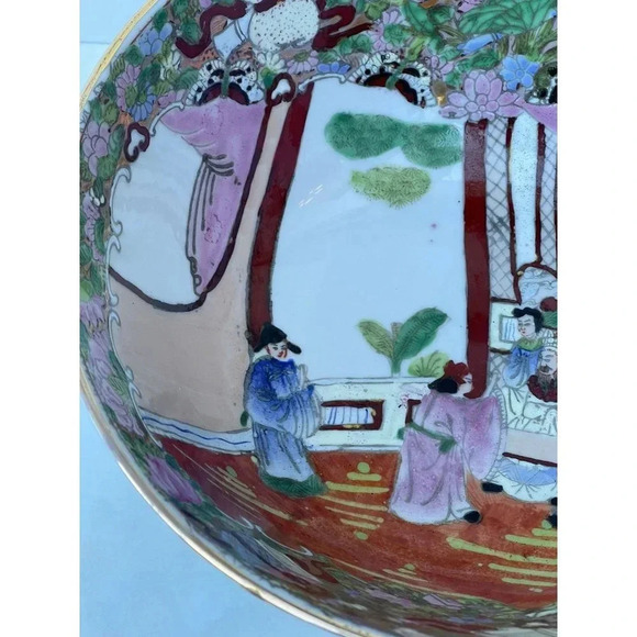 Antique Chinese Family Rose Medallion Hand Painted Decorated Bowl Gold Trim - Picture 11 of 16